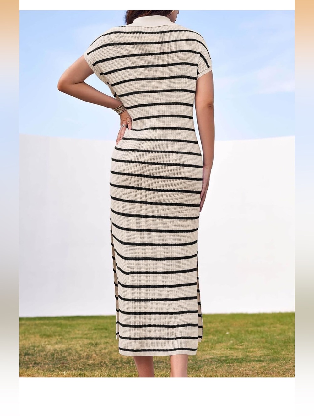 Women's Striped V-Neck Collared Knit Maxi Dress in Cream & Black Size XL (14-16) - Picture 3 of 6